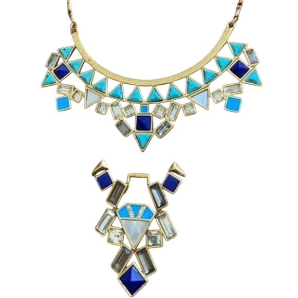 Stella & Dot Blue Turquoise Mosaic Stone Tile Detachable Pendant Necklace - Picture 5 of 8